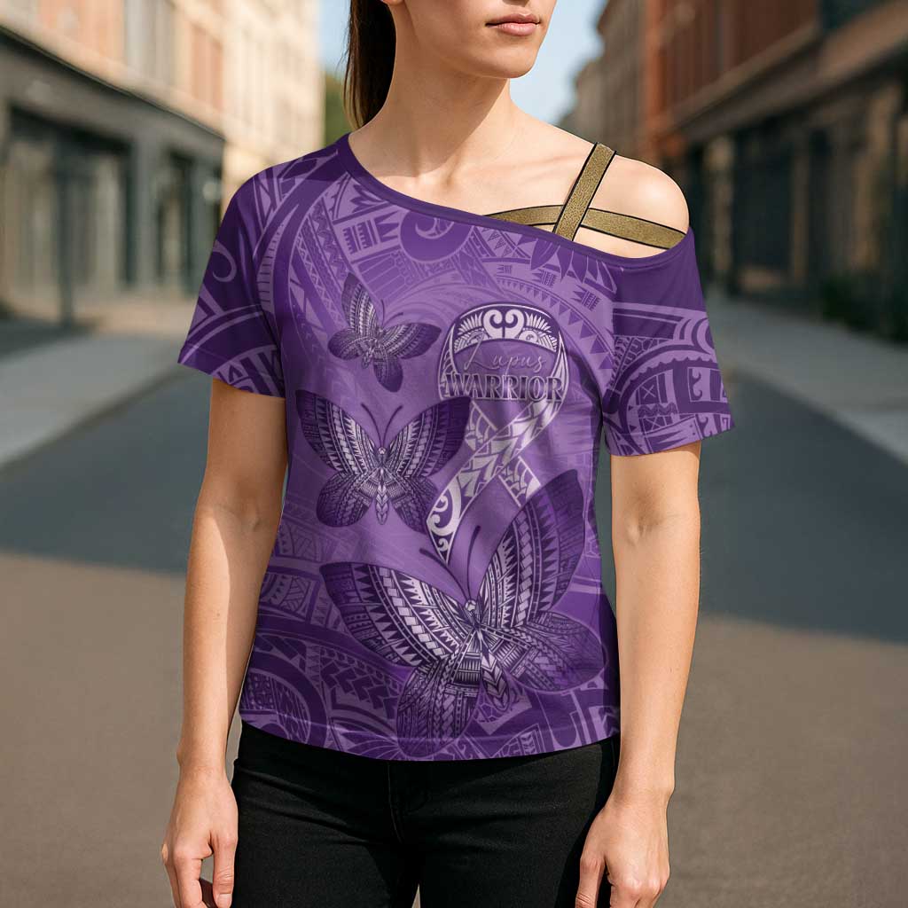Personalised Polynesia Lupus Awareness Month Cross Shoulder Shirt Warrior Purple Ribbon Polynesian Butterflies