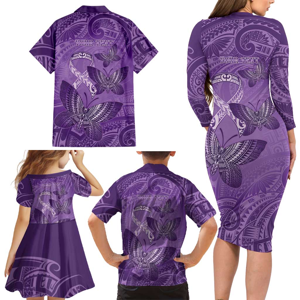 Personalised Polynesia Lupus Awareness Month Family Matching Long Sleeve Bodycon Dress and Hawaiian Shirt Warrior Purple Ribbon Polynesian Butterflies LT14 - Polynesian Pride