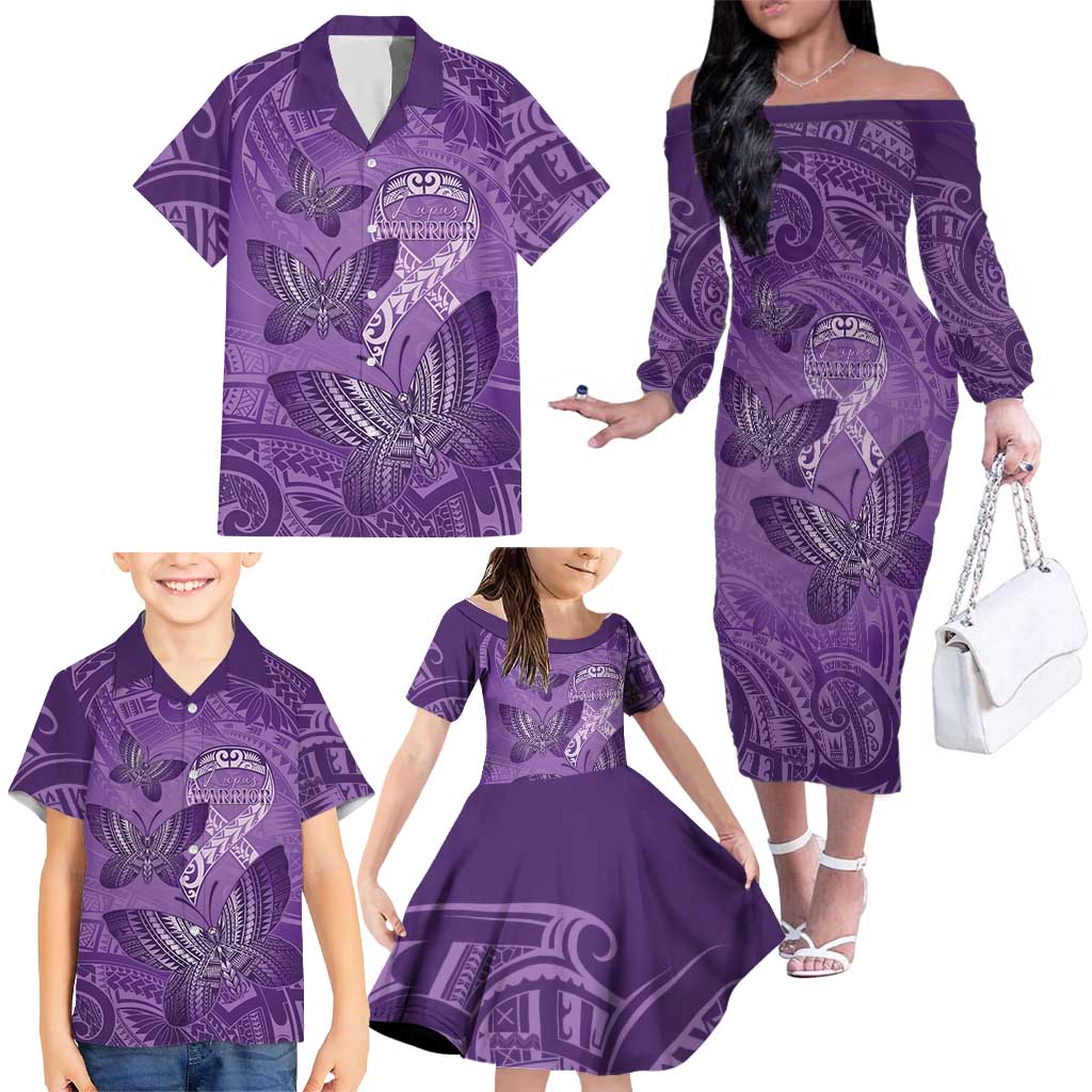 Personalised Polynesia Lupus Awareness Month Family Matching Off The Shoulder Long Sleeve Dress and Hawaiian Shirt Warrior Purple Ribbon Polynesian Butterflies