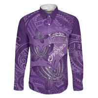 Personalised Polynesia Lupus Awareness Month Family Matching Off The Shoulder Long Sleeve Dress and Hawaiian Shirt Warrior Purple Ribbon Polynesian Butterflies LT14 Dad's Shirt - Long Sleeve Purple - Polynesian Pride