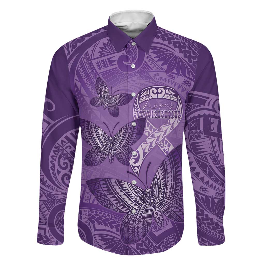 Personalised Polynesia Lupus Awareness Month Family Matching Off Shoulder Maxi Dress and Hawaiian Shirt Warrior Purple Ribbon Polynesian Butterflies LT14 Dad's Shirt - Long Sleeve Purple - Polynesian Pride