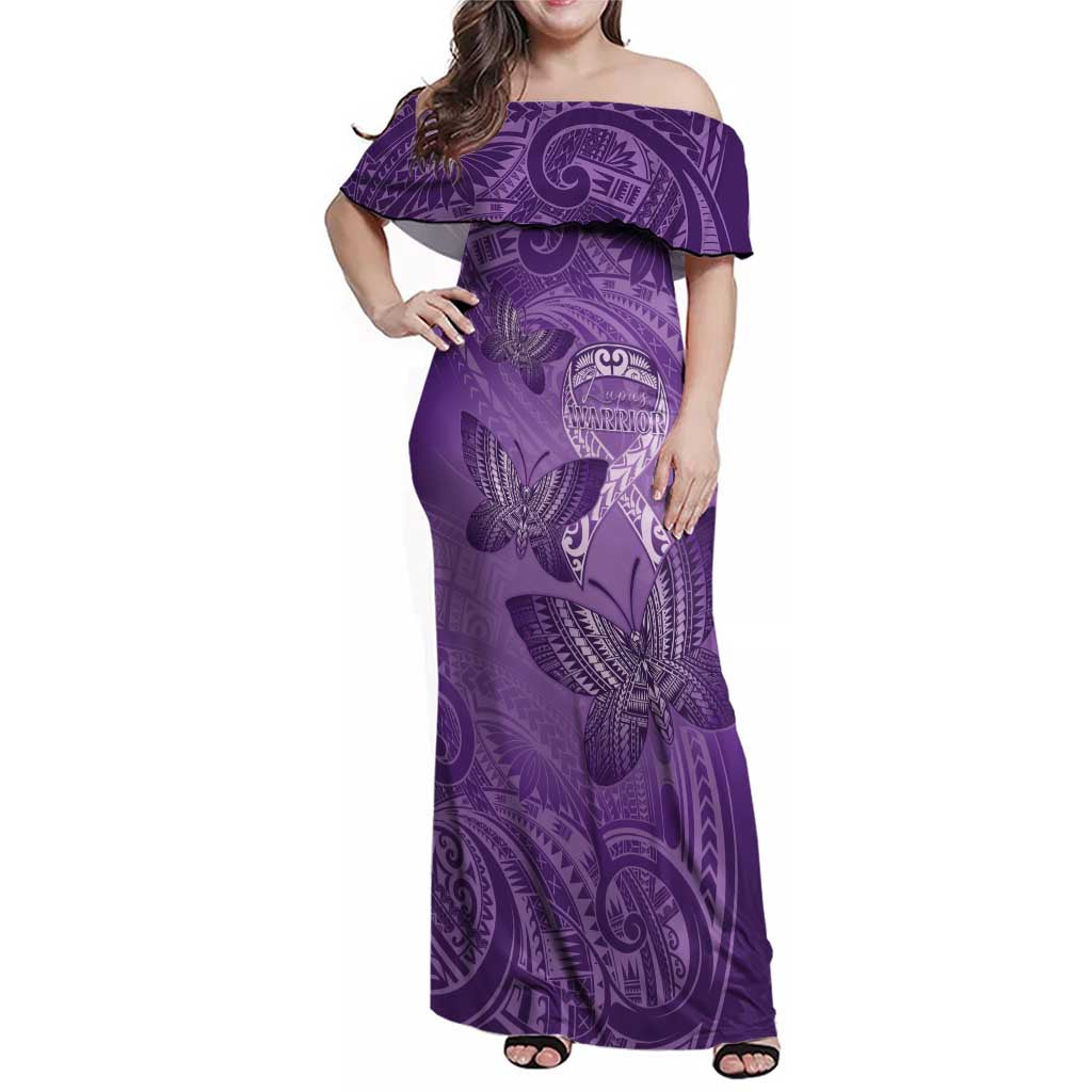 Personalised Polynesia Lupus Awareness Month Family Matching Off Shoulder Maxi Dress and Hawaiian Shirt Warrior Purple Ribbon Polynesian Butterflies LT14 Mom's Dress Purple - Polynesian Pride