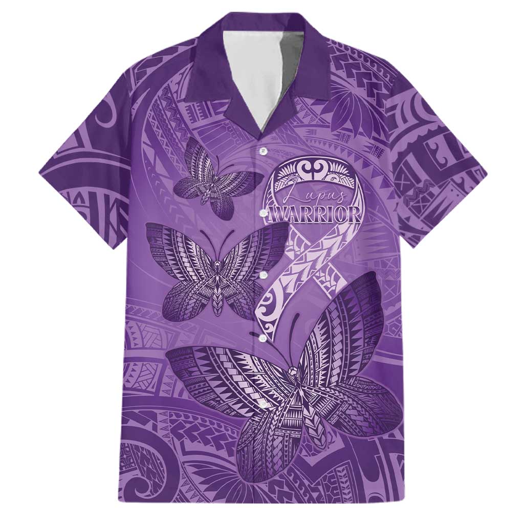 Personalised Polynesia Lupus Awareness Month Family Matching Off Shoulder Short Dress and Hawaiian Shirt Warrior Purple Ribbon Polynesian Butterflies LT14 Dad's Shirt - Short Sleeve Purple - Polynesian Pride