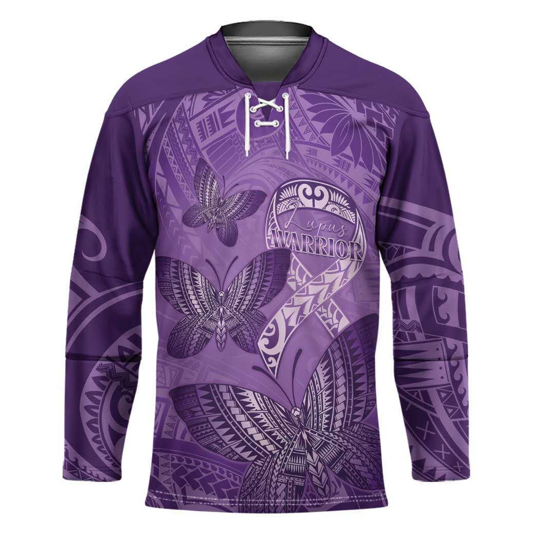 Personalised Polynesia Lupus Awareness Month Hockey Jersey Warrior Purple Ribbon Polynesian Butterflies
