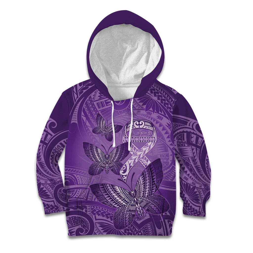 Personalised Polynesia Lupus Awareness Month Kid Hoodie Warrior Purple Ribbon Polynesian Butterflies