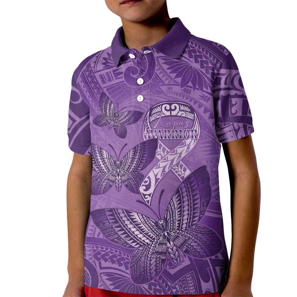 Personalised Polynesia Lupus Awareness Month Kid Polo Shirt Warrior Purple Ribbon Polynesian Butterflies