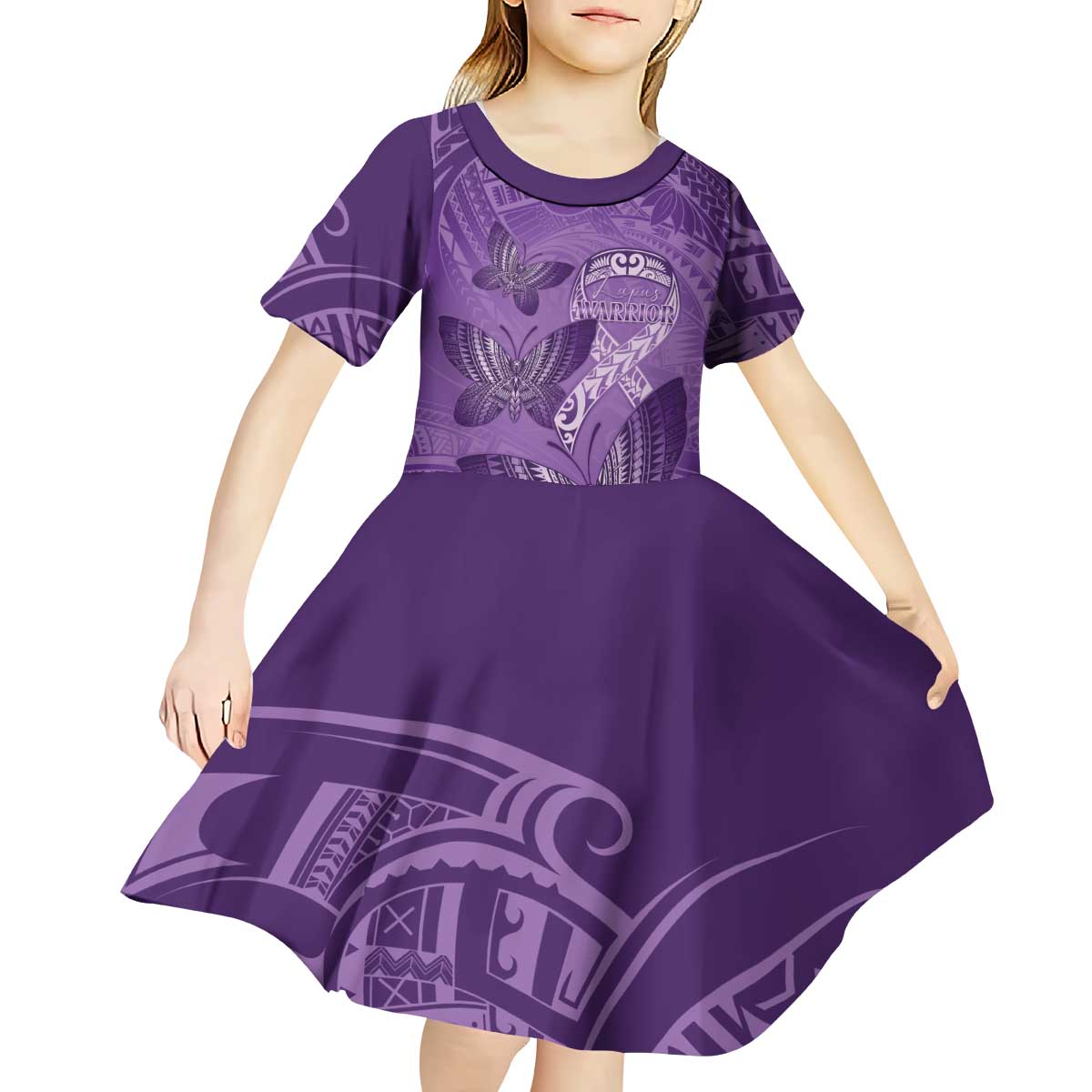 Personalised Polynesia Lupus Awareness Month Kid Short Sleeve Dress Warrior Purple Ribbon Polynesian Butterflies
