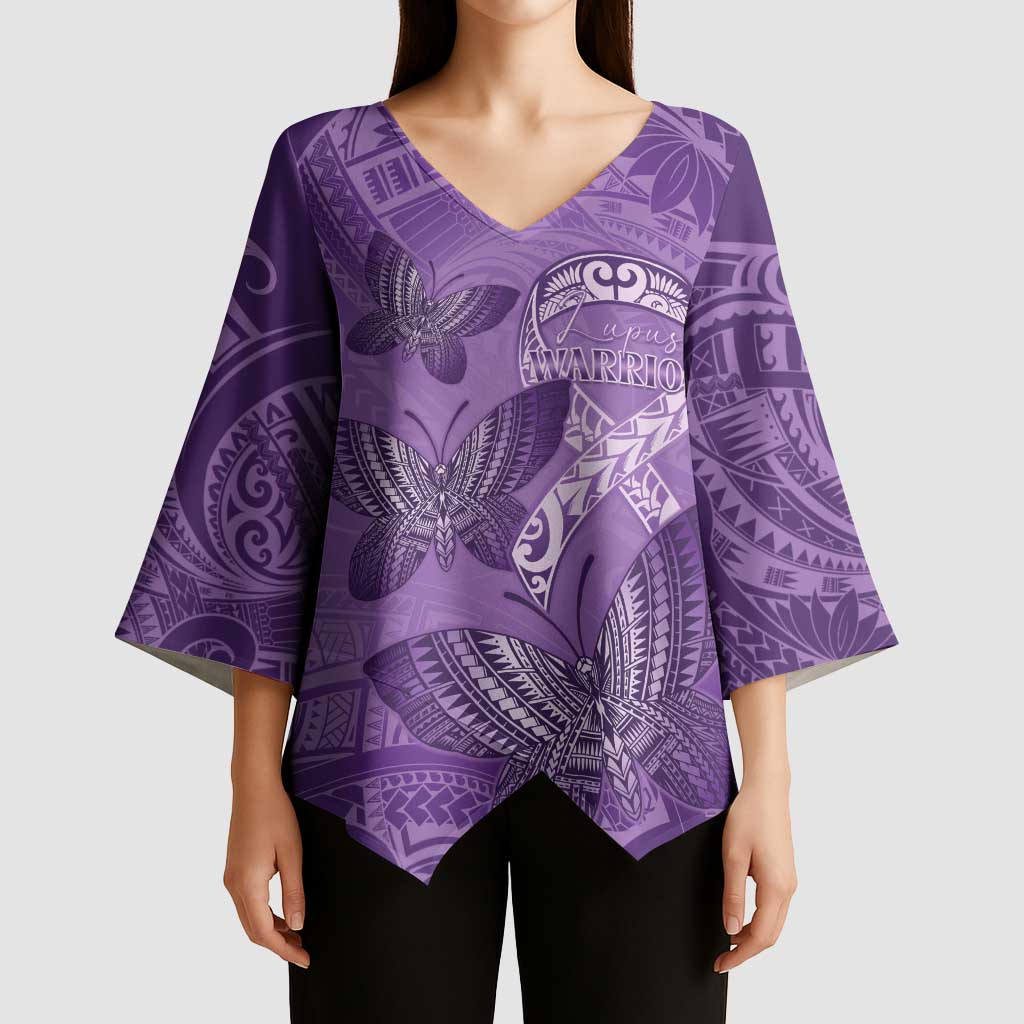 Personalised Polynesia Lupus Awareness Month Kimono Sleeve Blouse Warrior Purple Ribbon Polynesian Butterflies