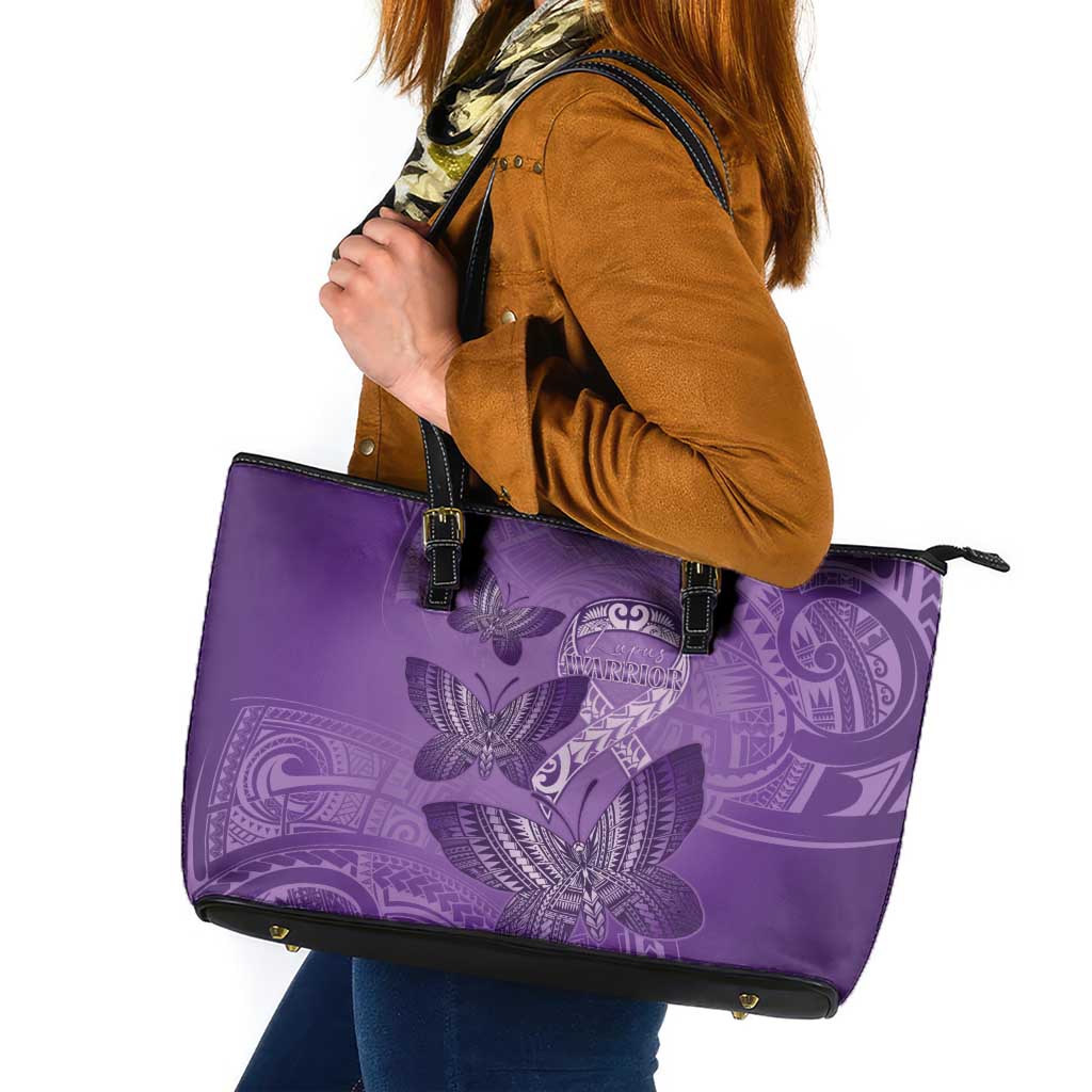 Polynesia Lupus Awareness Month Leather Tote Bag Warrior Purple Ribbon Polynesian Butterflies