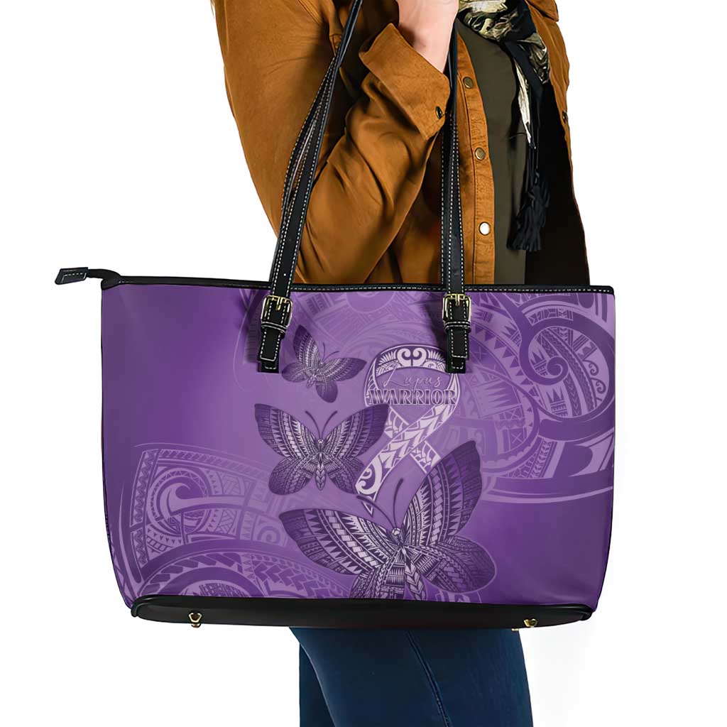 Polynesia Lupus Awareness Month Leather Tote Bag Warrior Purple Ribbon Polynesian Butterflies