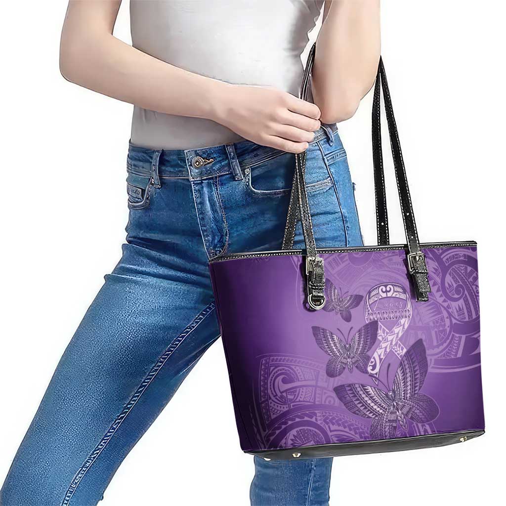 Polynesia Lupus Awareness Month Leather Tote Bag Warrior Purple Ribbon Polynesian Butterflies