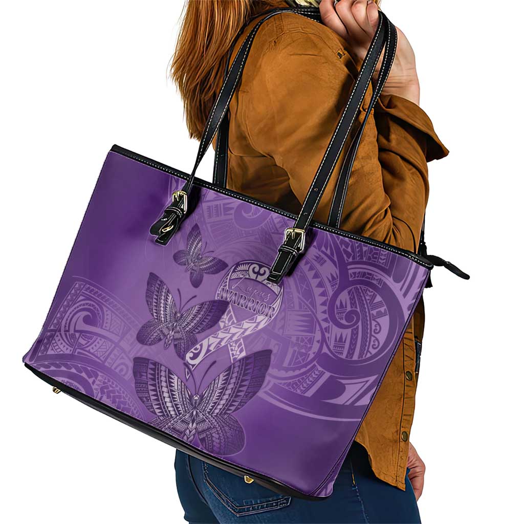 Polynesia Lupus Awareness Month Leather Tote Bag Warrior Purple Ribbon Polynesian Butterflies