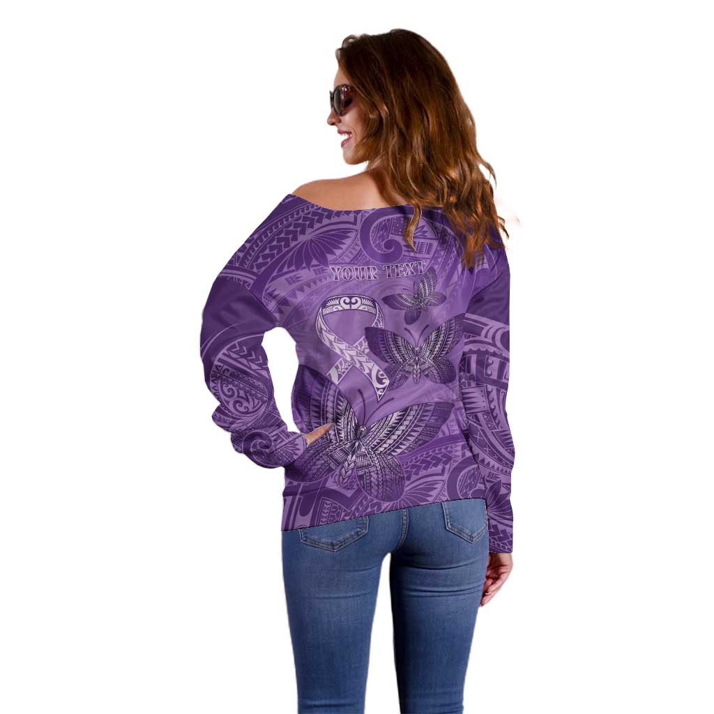 Personalised Polynesia Lupus Awareness Month Off Shoulder Sweater Warrior Purple Ribbon Polynesian Butterflies