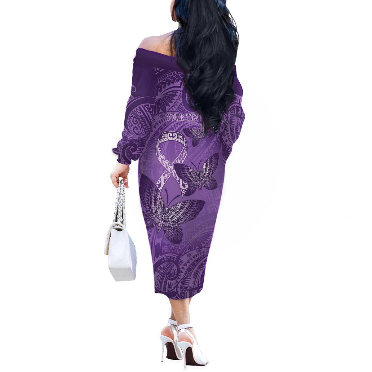 Personalised Polynesia Lupus Awareness Month Off The Shoulder Long Sleeve Dress Warrior Purple Ribbon Polynesian Butterflies