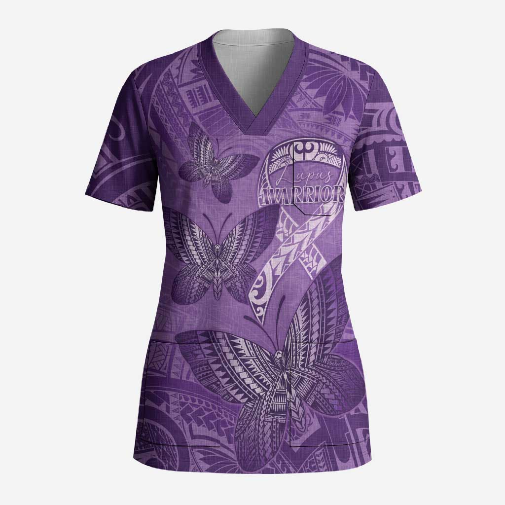 Personalised Polynesia Lupus Awareness Month Scrub Top Warrior Purple Ribbon Polynesian Butterflies
