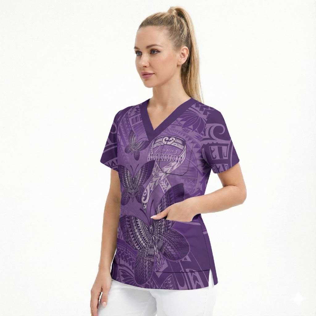Personalised Polynesia Lupus Awareness Month Scrub Top Warrior Purple Ribbon Polynesian Butterflies