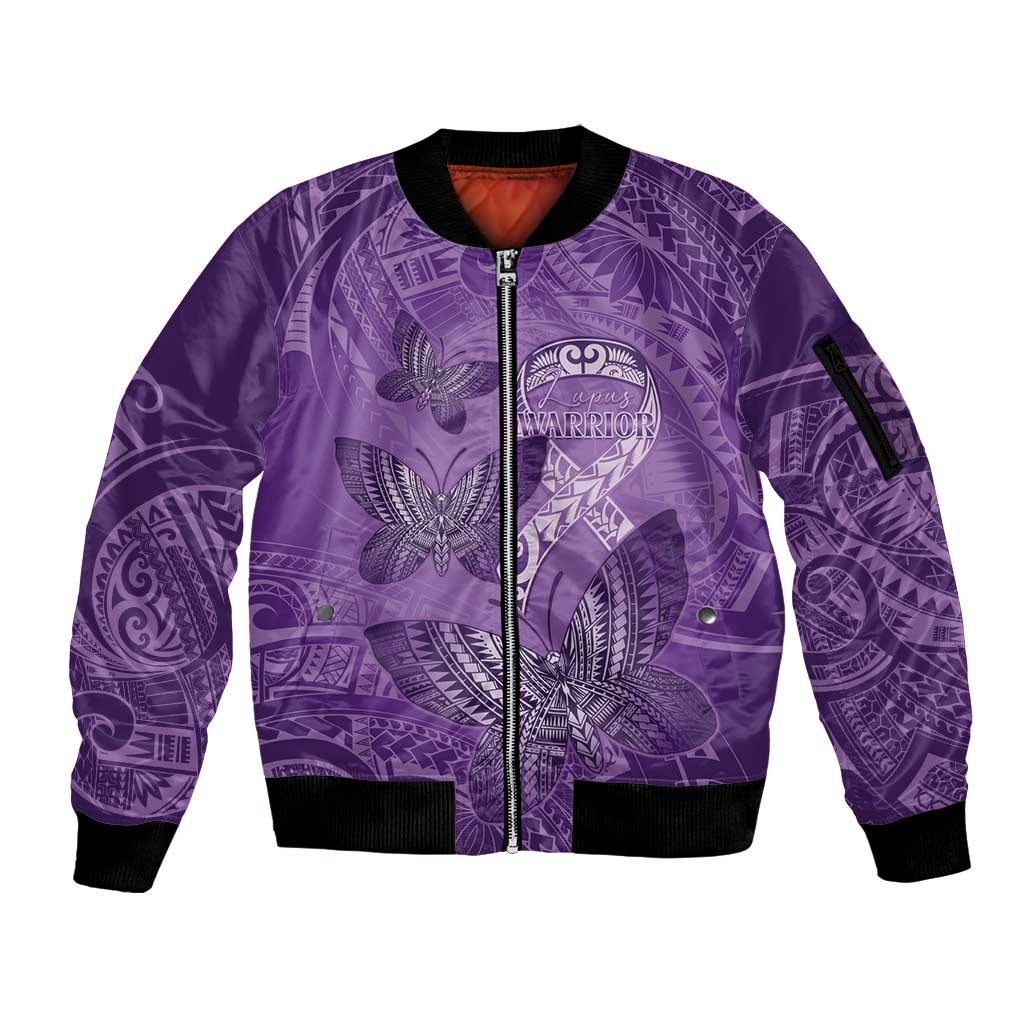 Personalised Polynesia Lupus Awareness Month Sleeve Zip Bomber Jacket Warrior Purple Ribbon Polynesian Butterflies