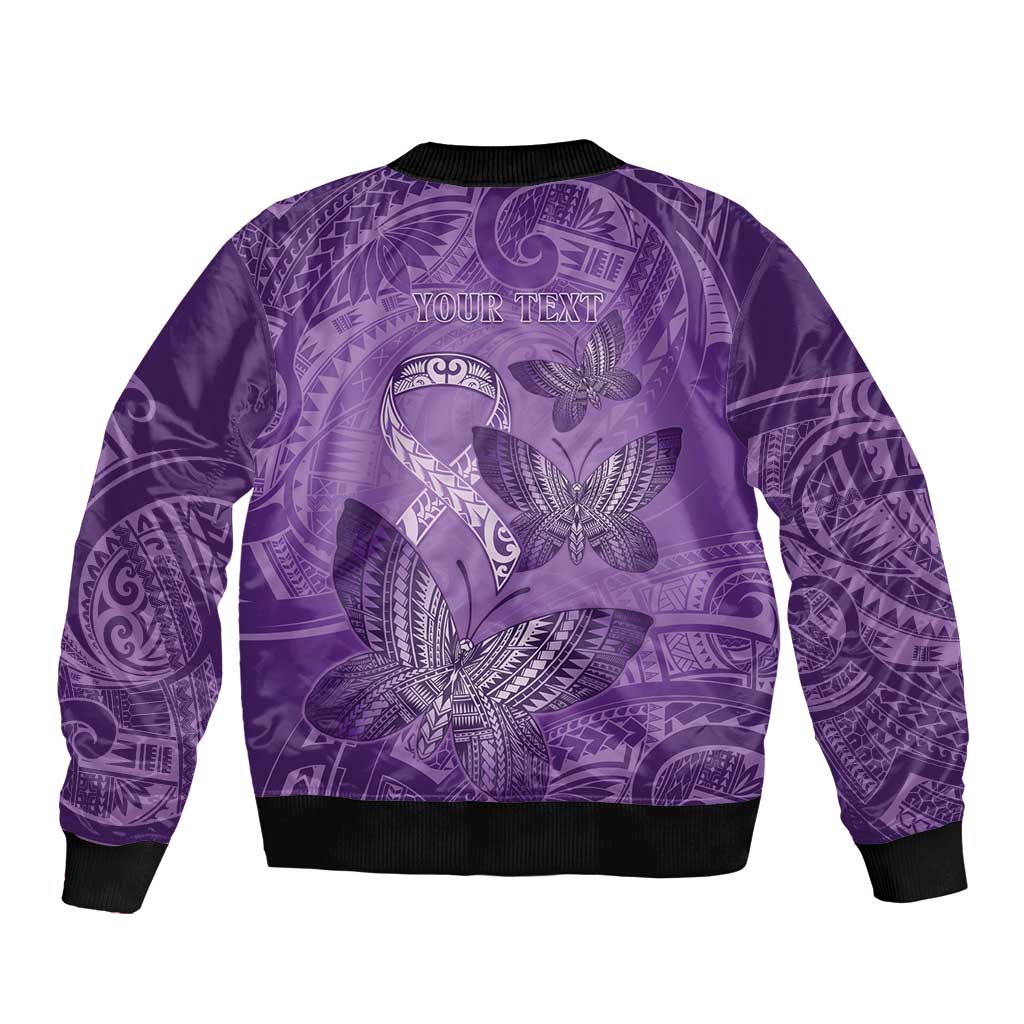 Personalised Polynesia Lupus Awareness Month Sleeve Zip Bomber Jacket Warrior Purple Ribbon Polynesian Butterflies