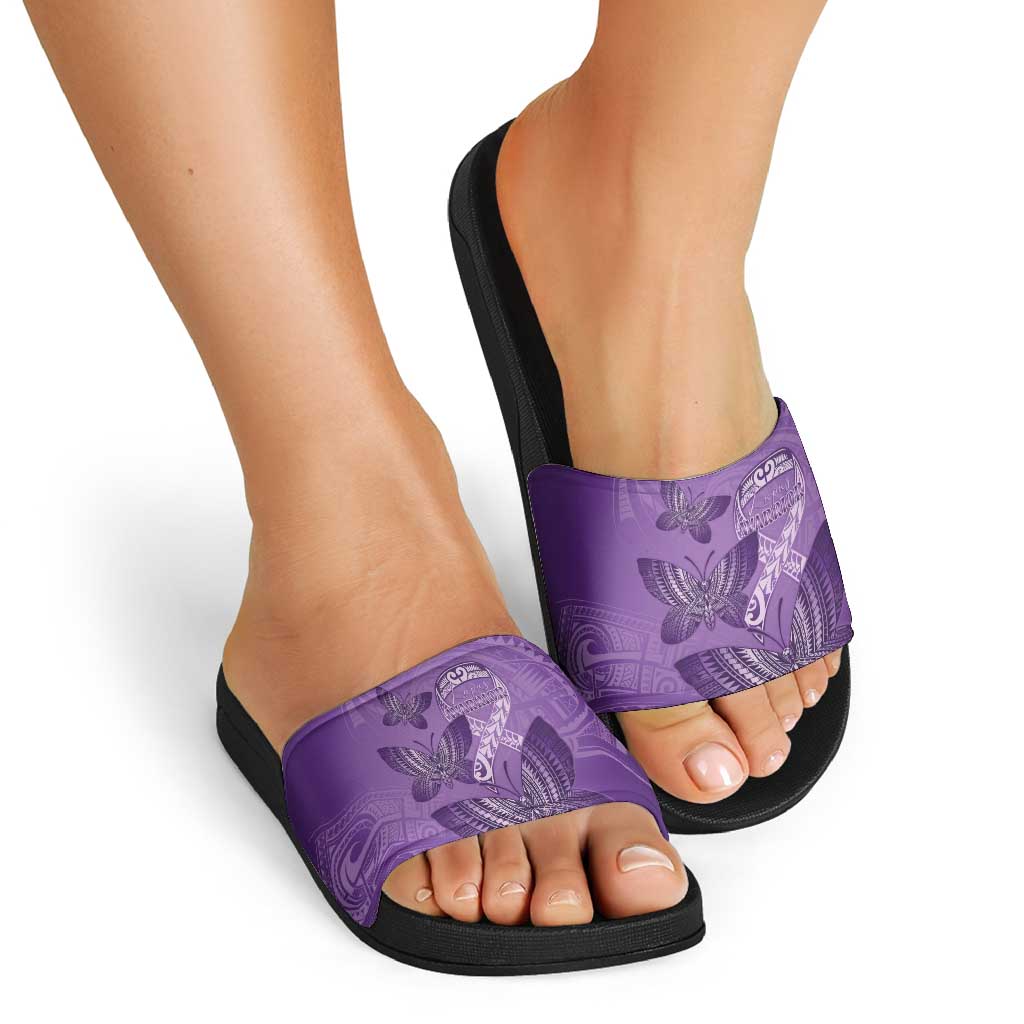 Polynesia Lupus Awareness Month Slide Sandals Warrior Purple Ribbon Polynesian Butterflies