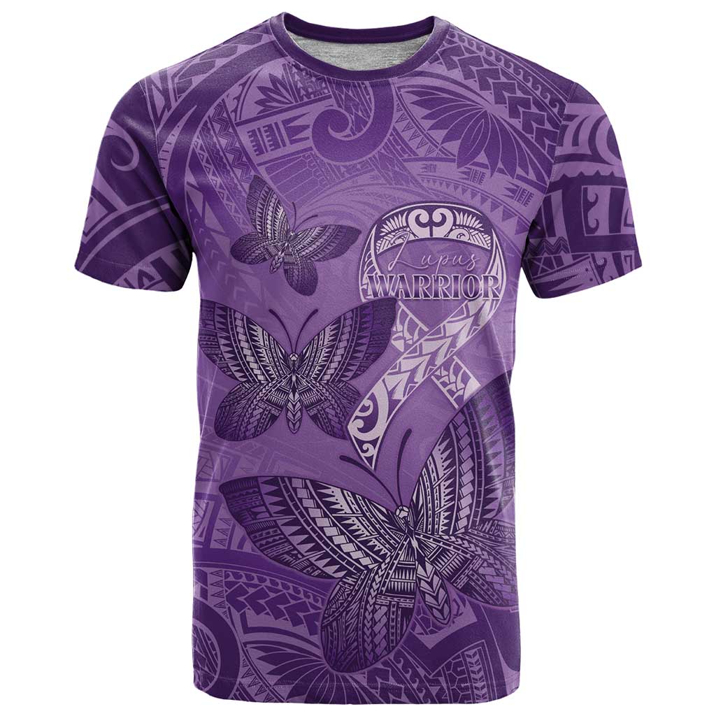 Personalised Polynesia Lupus Awareness Month T Shirt Warrior Purple Ribbon Polynesian Butterflies