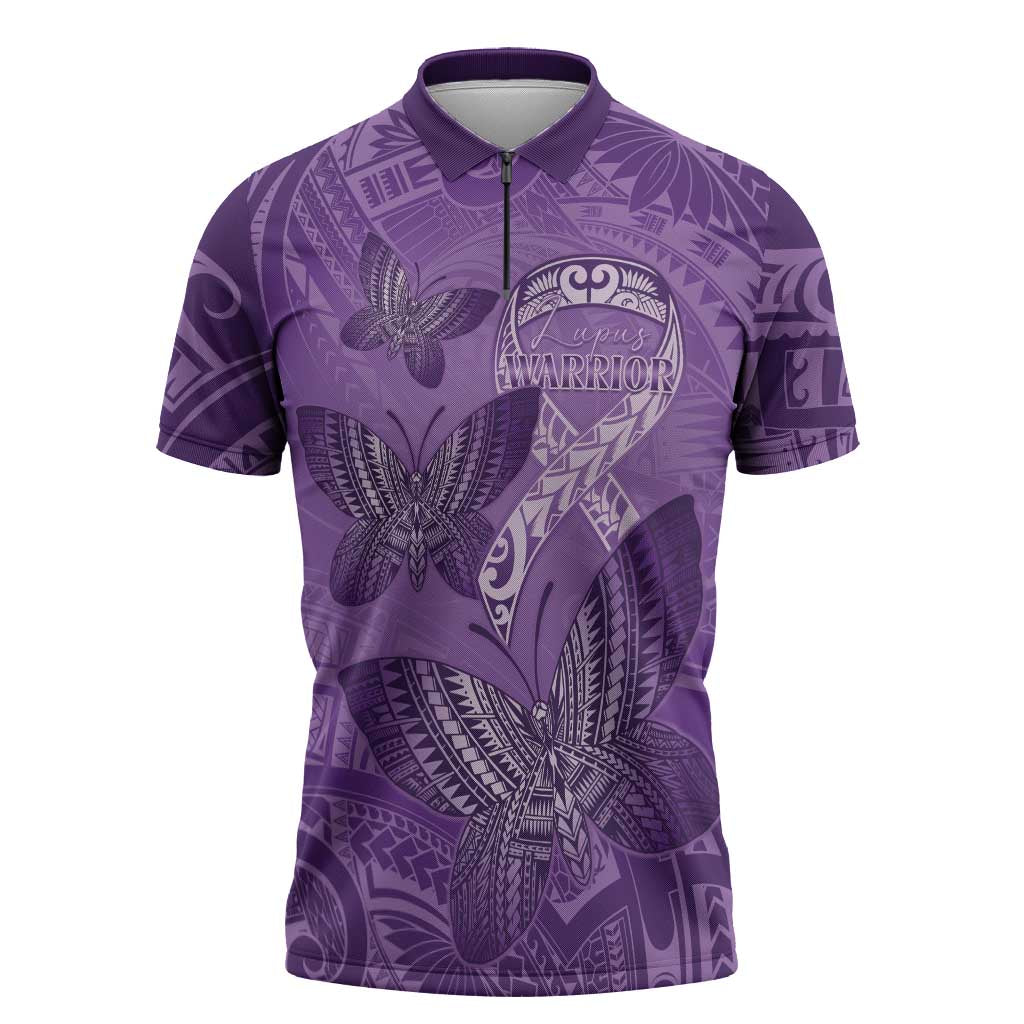Personalised Polynesia Lupus Awareness Month Zipper Polo Shirt Warrior Purple Ribbon Polynesian Butterflies