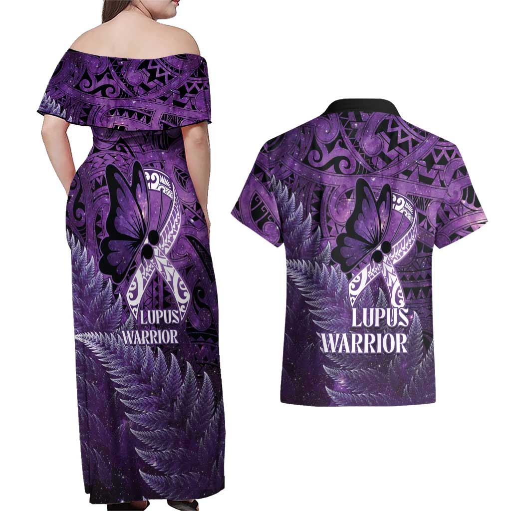 Lupus Awareness Month New Zealand Couples Matching Off Shoulder Maxi Dress and Hawaiian Shirt Be Strong Warrior Maori Silver Fern LT14 - Polynesian Pride