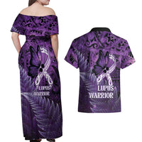 Lupus Awareness Month New Zealand Couples Matching Off Shoulder Maxi Dress and Hawaiian Shirt Be Strong Warrior Maori Silver Fern LT14 - Polynesian Pride