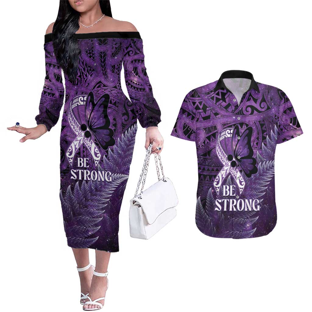 Lupus Awareness Month New Zealand Couples Matching Off The Shoulder Long Sleeve Dress and Hawaiian Shirt Be Strong Warrior Maori Silver Fern LT14 Purple - Polynesian Pride