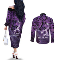 Lupus Awareness Month New Zealand Couples Matching Off The Shoulder Long Sleeve Dress and Long Sleeve Button Shirt Be Strong Warrior Maori Silver Fern LT14 - Polynesian Pride