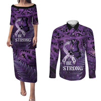 Lupus Awareness Month New Zealand Couples Matching Puletasi and Long Sleeve Button Shirt Be Strong Warrior Maori Silver Fern LT14 Purple - Polynesian Pride