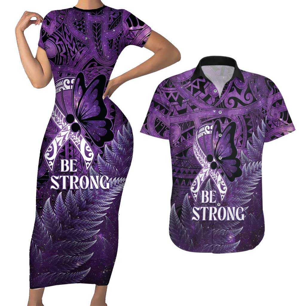 Lupus Awareness Month New Zealand Couples Matching Short Sleeve Bodycon Dress and Hawaiian Shirt Be Strong Warrior Maori Silver Fern LT14 Purple - Polynesian Pride