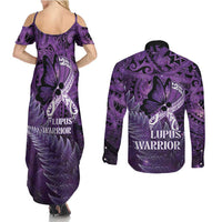 Lupus Awareness Month New Zealand Couples Matching Summer Maxi Dress and Long Sleeve Button Shirt Be Strong Warrior Maori Silver Fern LT14 - Polynesian Pride