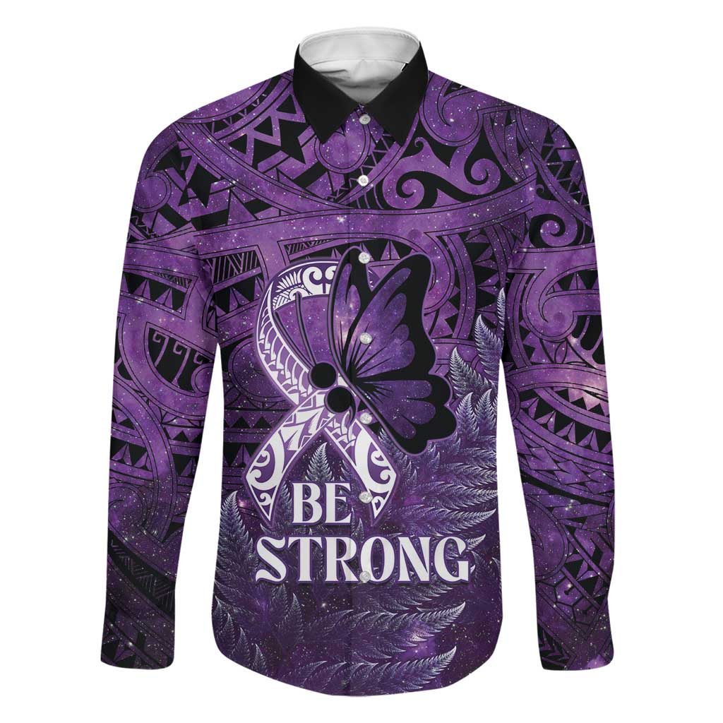Lupus Awareness Month New Zealand Family Matching Long Sleeve Bodycon Dress and Hawaiian Shirt Be Strong Warrior Maori Silver Fern LT14 Dad's Shirt - Long Sleeve Purple - Polynesian Pride