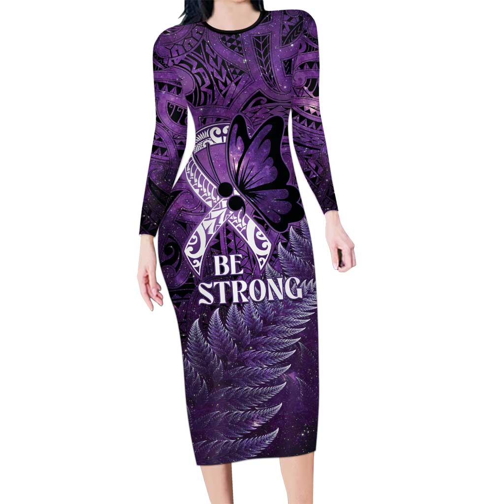 Lupus Awareness Month New Zealand Family Matching Long Sleeve Bodycon Dress and Hawaiian Shirt Be Strong Warrior Maori Silver Fern LT14 Mom's Dress Purple - Polynesian Pride