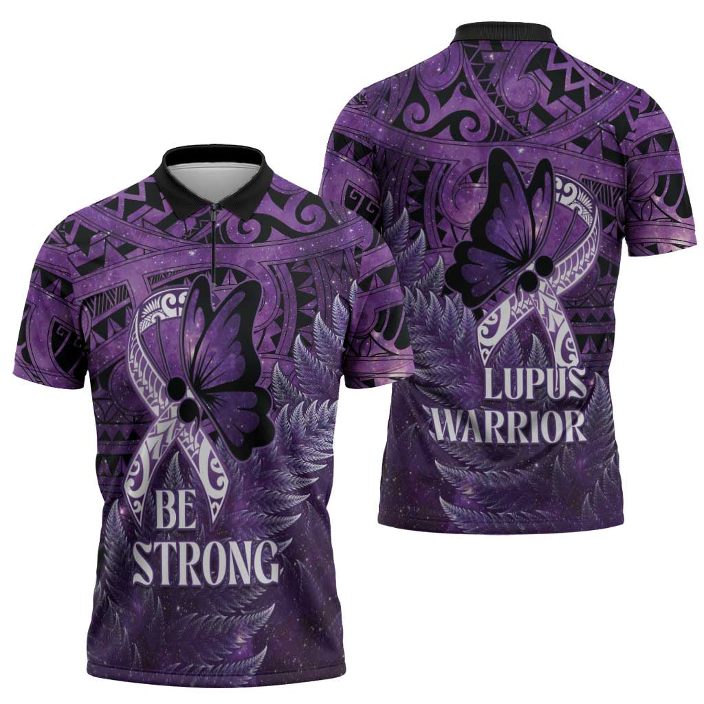 Lupus Awareness Month New Zealand Zipper Polo Shirt Be Strong Warrior Maori Silver Fern
