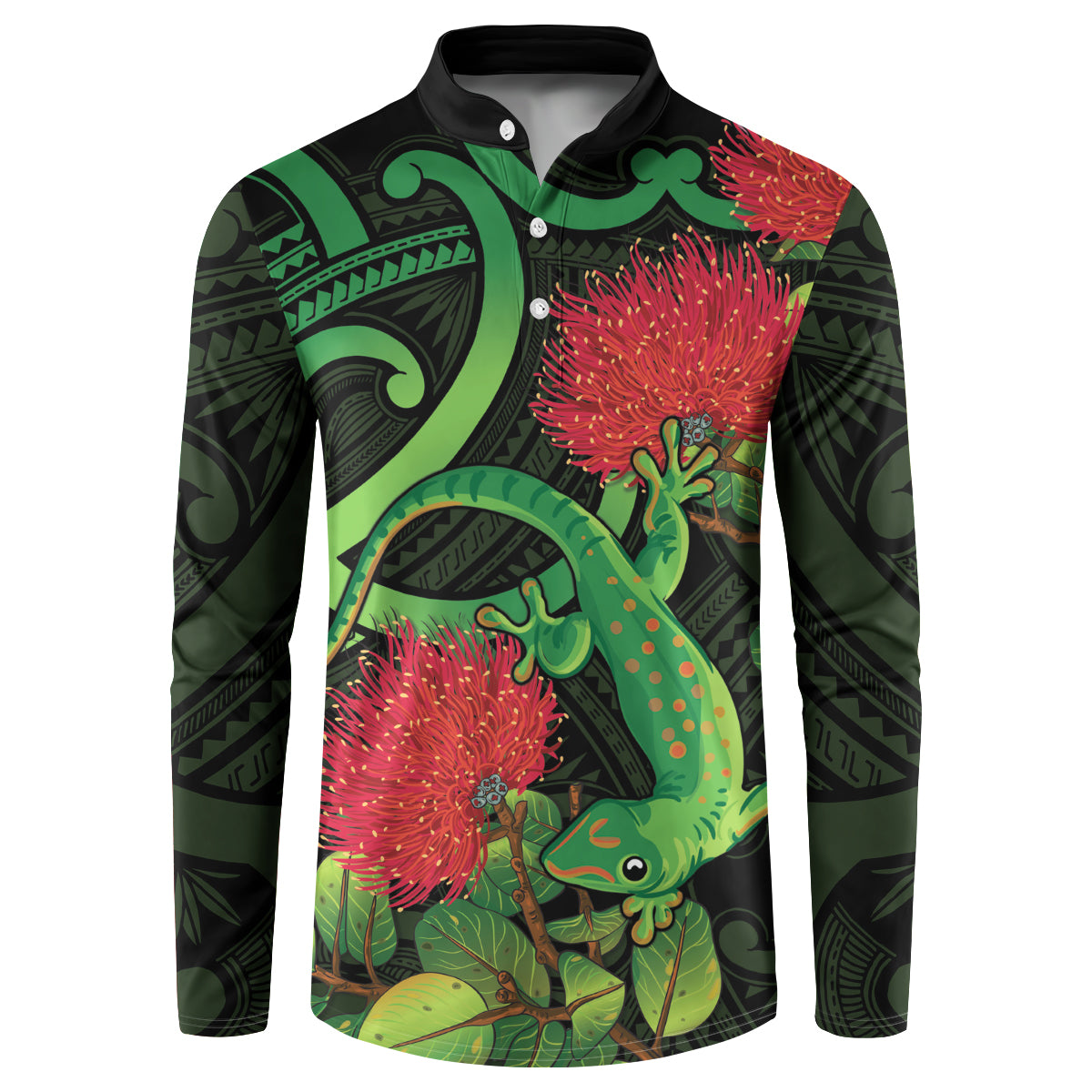 New Zealand Gecko Button Sweatshirt Aotearoa Maori With Pohutukawa Flowers