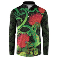 New Zealand Gecko Button Sweatshirt Aotearoa Maori With Pohutukawa Flowers