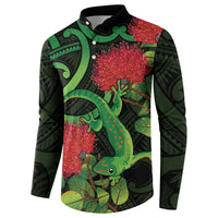 New Zealand Gecko Button Sweatshirt Aotearoa Maori With Pohutukawa Flowers