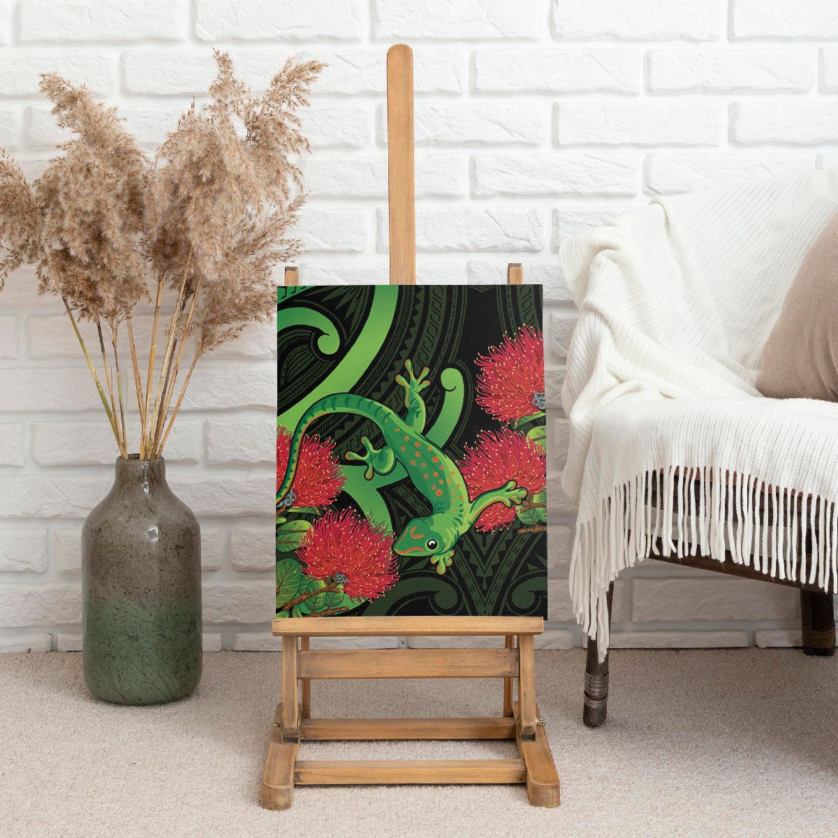 New Zealand Gecko Canvas Wall Art Aotearoa Maori With Pohutukawa Flowers