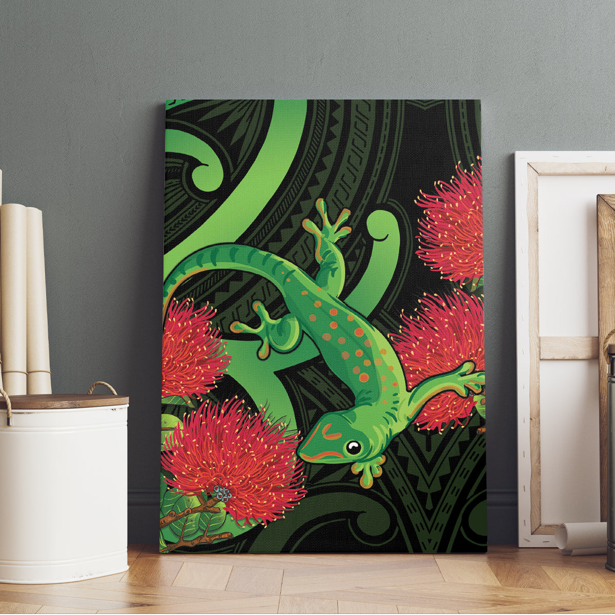 New Zealand Gecko Canvas Wall Art Aotearoa Maori With Pohutukawa Flowers