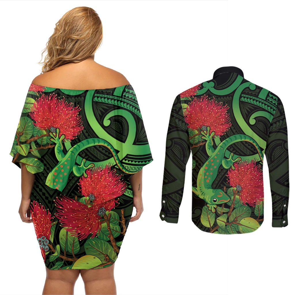 New Zealand Gecko Couples Matching Off Shoulder Short Dress and Long Sleeve Button Shirt Aotearoa Maori With Pohutukawa Flowers LT14 - Polynesian Pride