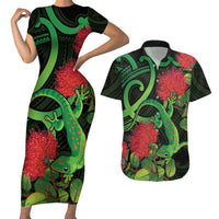 New Zealand Gecko Couples Matching Short Sleeve Bodycon Dress and Hawaiian Shirt Aotearoa Maori With Pohutukawa Flowers LT14 Black - Polynesian Pride