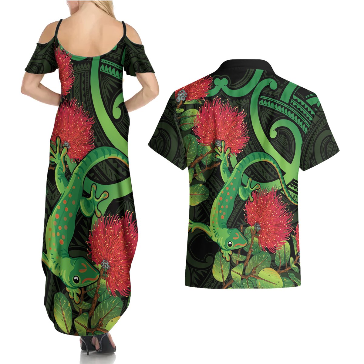 New Zealand Gecko Couples Matching Summer Maxi Dress and Hawaiian Shirt Aotearoa Maori With Pohutukawa Flowers LT14 - Polynesian Pride