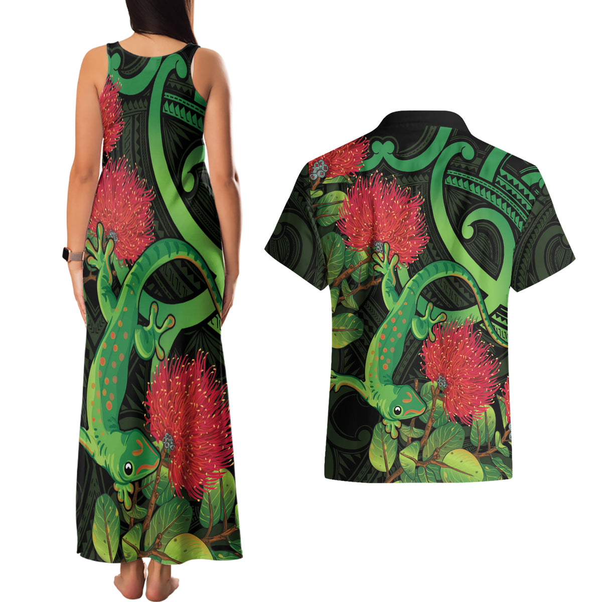 New Zealand Gecko Couples Matching Tank Maxi Dress and Hawaiian Shirt Aotearoa Maori With Pohutukawa Flowers LT14 - Polynesian Pride
