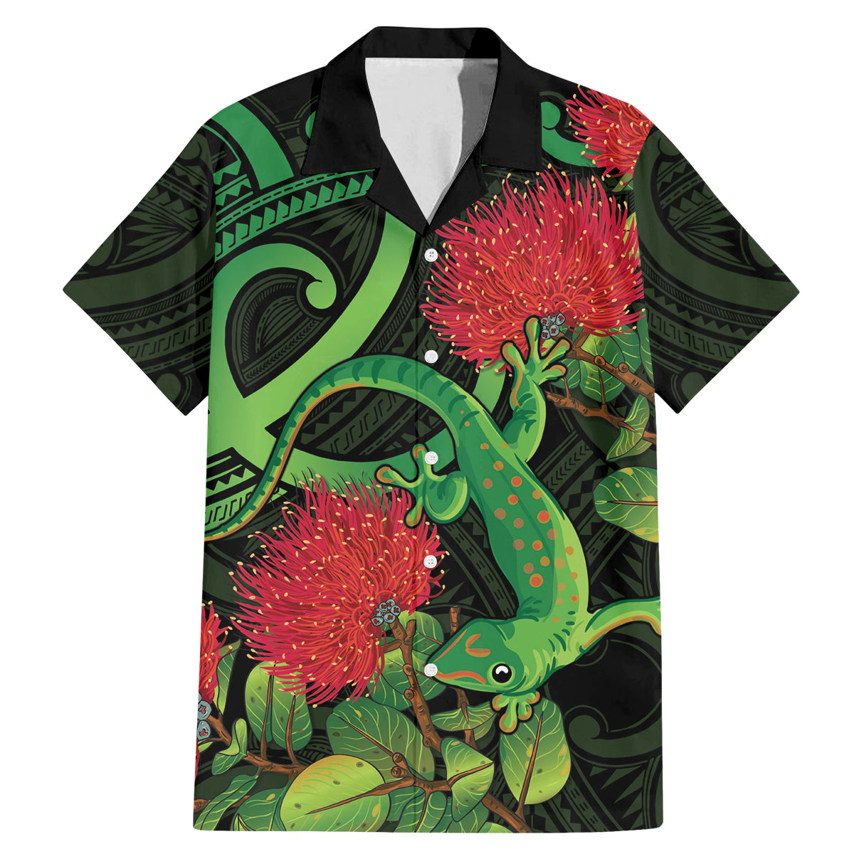 New Zealand Gecko Family Matching Mermaid Dress and Hawaiian Shirt Aotearoa Maori With Pohutukawa Flowers LT14 Dad's Shirt - Short Sleeve Black - Polynesian Pride