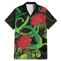 New Zealand Gecko Family Matching Mermaid Dress and Hawaiian Shirt Aotearoa Maori With Pohutukawa Flowers LT14 Dad's Shirt - Short Sleeve Black - Polynesian Pride