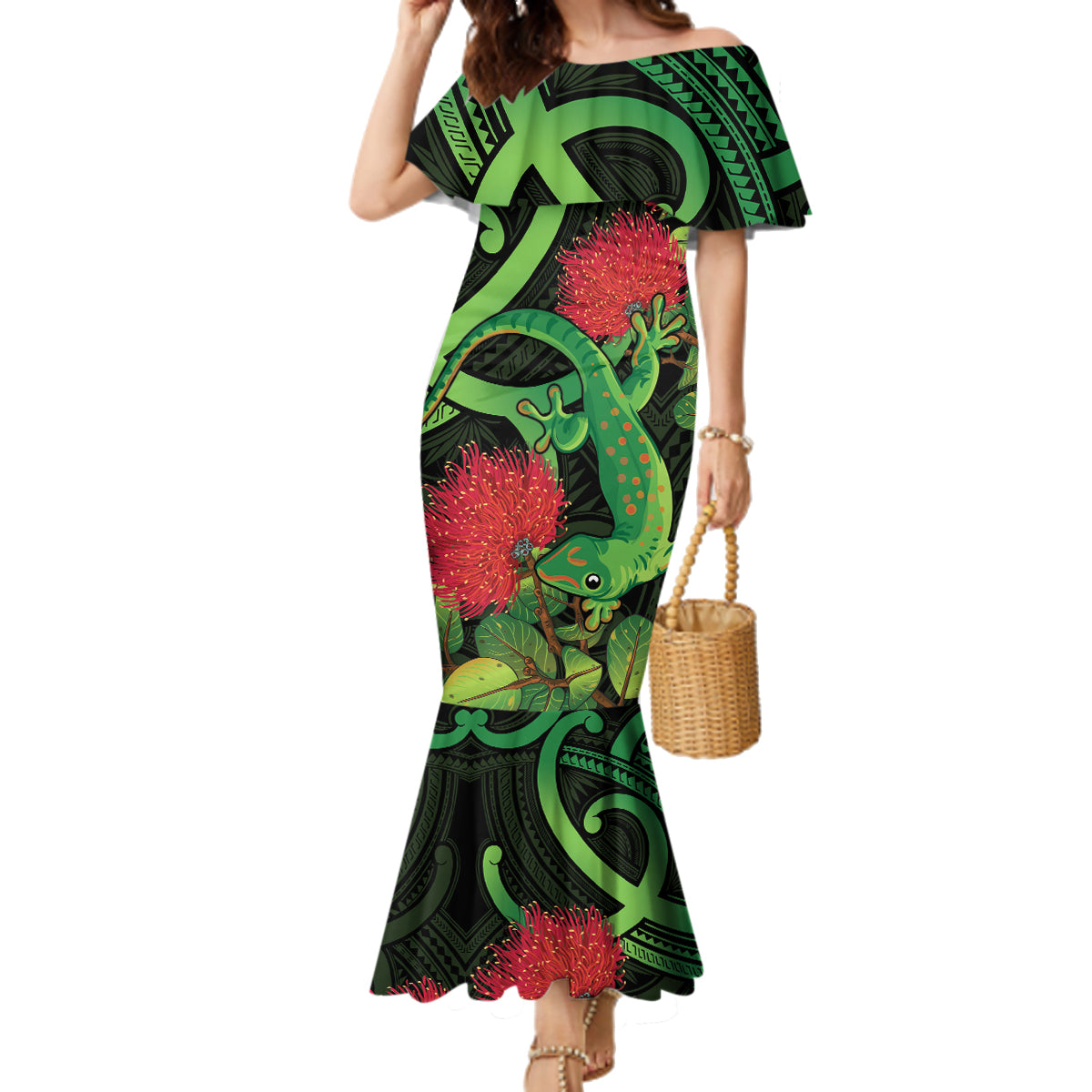 New Zealand Gecko Family Matching Mermaid Dress and Hawaiian Shirt Aotearoa Maori With Pohutukawa Flowers LT14 Mom's Dress Black - Polynesian Pride