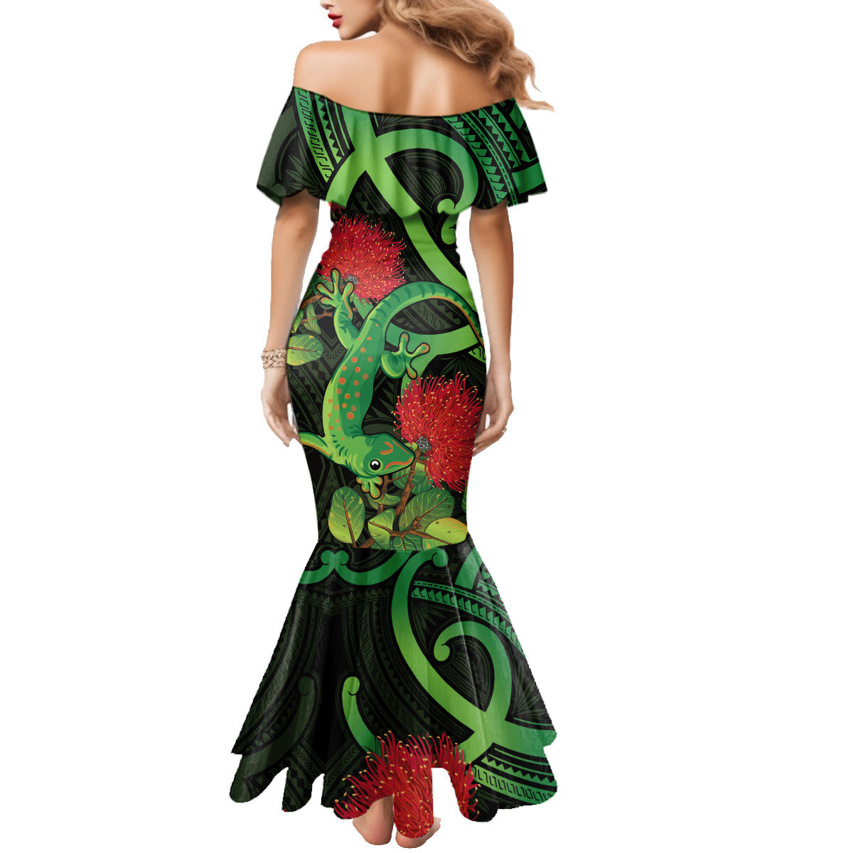 New Zealand Gecko Family Matching Mermaid Dress and Hawaiian Shirt Aotearoa Maori With Pohutukawa Flowers LT14 - Polynesian Pride
