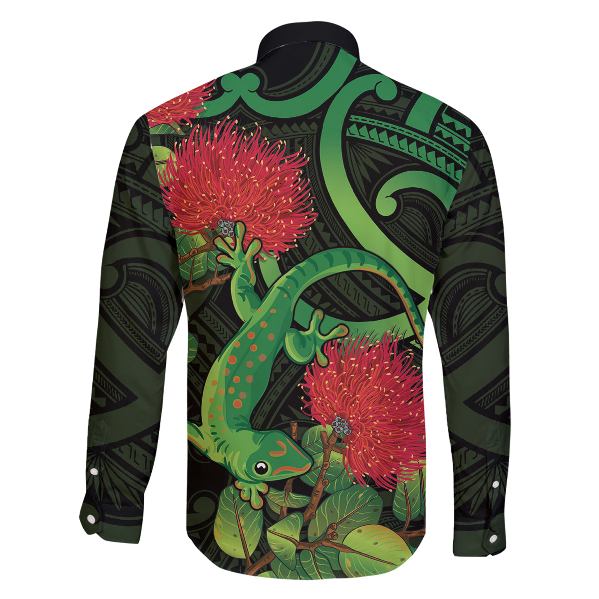 New Zealand Gecko Family Matching Off The Shoulder Long Sleeve Dress and Hawaiian Shirt Aotearoa Maori With Pohutukawa Flowers