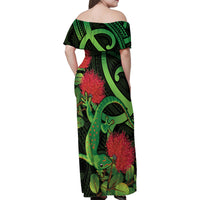 New Zealand Gecko Family Matching Off Shoulder Maxi Dress and Hawaiian Shirt Aotearoa Maori With Pohutukawa Flowers